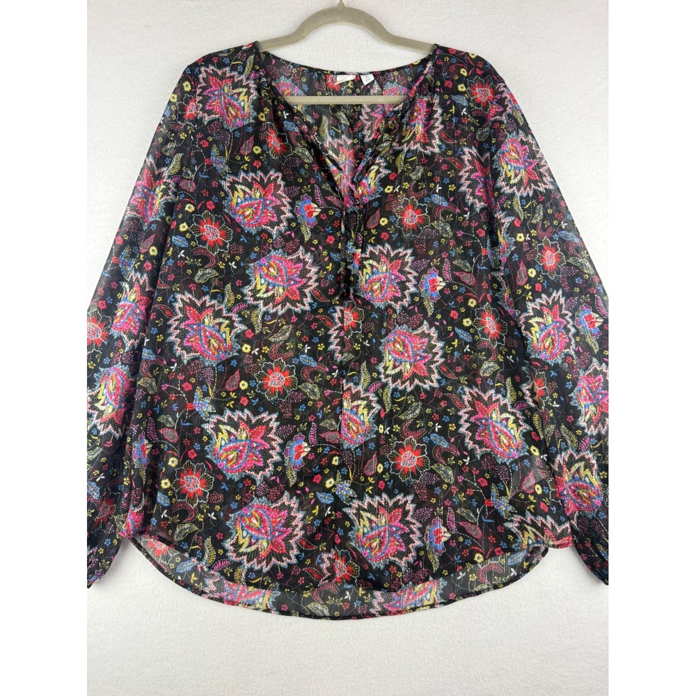 Gap Womens M Tall Black Paisley Floral Metallic Chiffon Tassel Boho Blouse Top